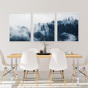 3 Piece Indigo Woodland Forest Printable Wall Art, Set of 3 Forest Minimalist Poster Print, Misty Forest, Modern Indigo Navy Blue Wall Art image 5