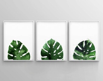 Monstera Leaf Printable, Monstera Print Set, Green Leaves Poster, 3 Piece Wall Art, Minimalist, Modern, Watercolor, Tropical Leafs, Set of 3