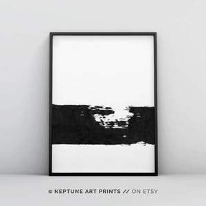 May include: Black and white abstract art print with a single horizontal brushstroke in black across the bottom half of the print. The print is framed in a black frame.