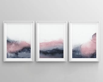 Set of 3 Piece Wall Art, Printable Print Set, Pink Blue Prints, Blush Pink and Grey Wall Art, Abstract Art, Three Prints, Bedroom Print Set