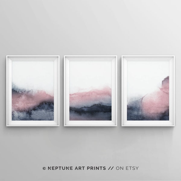 Set of 3 Piece Wall Art, Printable Print Set, Pink Blue Prints, Blush Pink and Grey Wall Art, Abstract Art, Three Prints, Bedroom Print Set