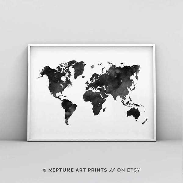 World Map Wall Art, World Map Poster, Watercolor, World Map Print, Black And White World Map, Scandinavian Print, Map Poster Printable Decor