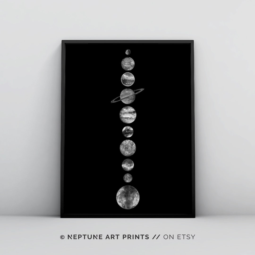 Solar System Wall Art, Black and White, Planets Printable, Space Poster