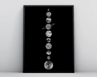Solar System Wall Art, Black and White, Planets Printable, Space Poster, The Solar System Poster, Minimalist, Digital Download, Space Print