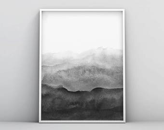 Contemporary Art, Black White Abstract Wall Art, Printable Modern Minimal Ink Painting, Home Decor, Scandinavian, Grey and White Wall Art