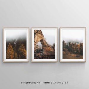 3 Piece Set Fall Autumn Theme Wall Art Decor, Orange Fog Forest Wall Art, Canyon Landscape Photography Minimalistic Modern Printable Rustic