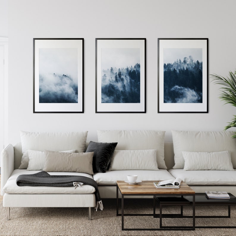 3 Piece Indigo Woodland Forest Printable Wall Art, Set of 3 Forest Minimalist Poster Print, Misty Forest, Modern Indigo Navy Blue Wall Art image 3