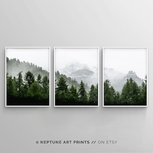 3 Piece Forest Wall Art Print, Set of 3 Forest Landscape Art, Green Forest Printable, Nature Printable, Modern Art, Minimalist, Misty, Decor