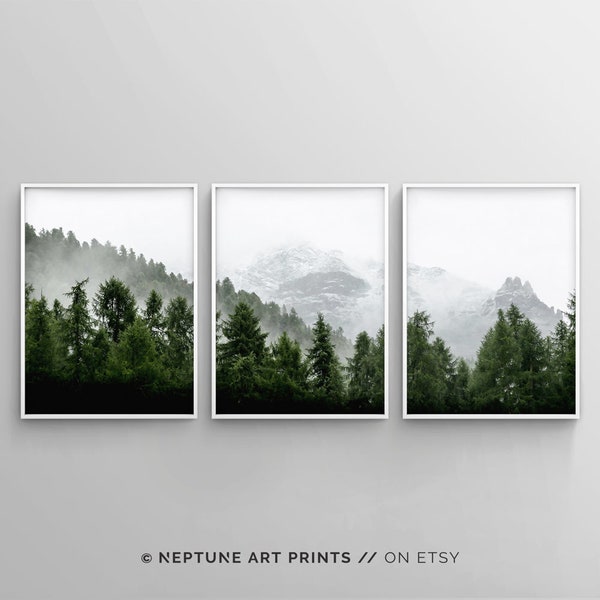 3 Piece Forest Wall Art Print, Set of 3 Forest Landscape Art, Green Forest Printable, Nature Printable, Modern Art, Minimalist, Misty, Decor