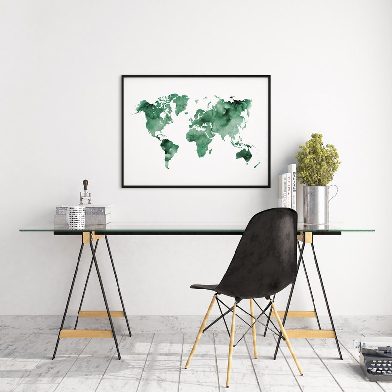 Dark Forest Green World Map Printable Sage Emerald Green | Etsy