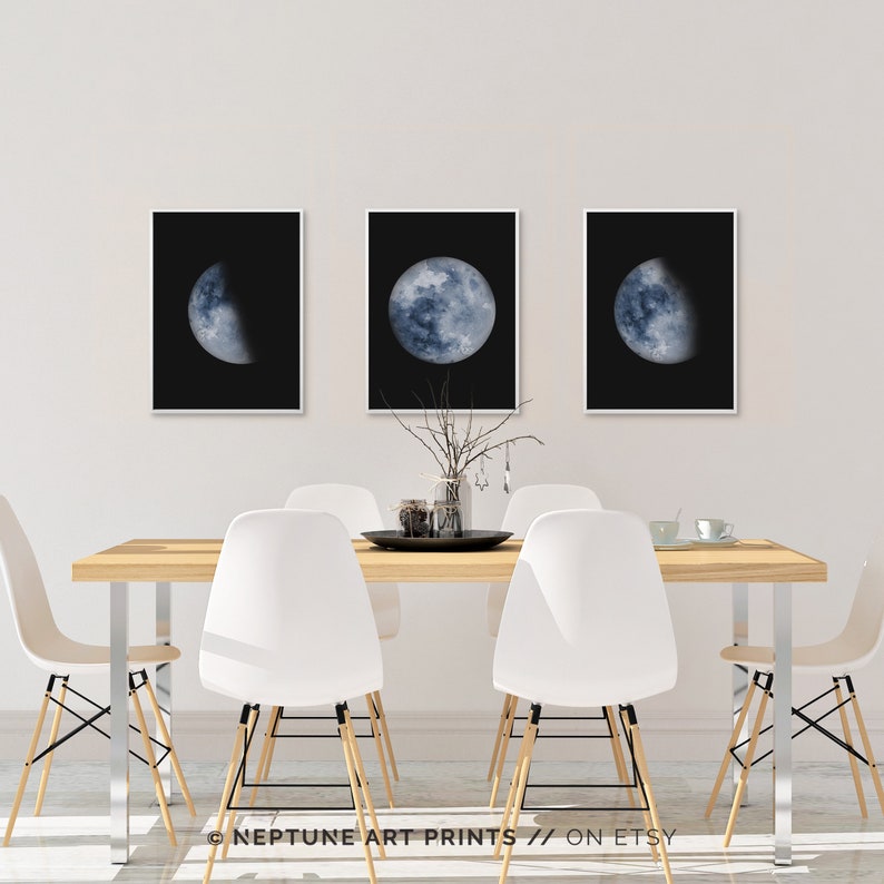 Set of 3 Blue Indigo Watercolor Moon Phase Print Prints Celestial ...