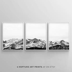 Mountain Art Print, Black White Wall Art, Set of 3 Prints, Mountain Poster, 3 Piece Wall Art, Landscape Prints, Snow Mountain Art, Nature image 1