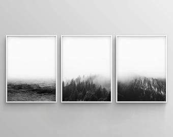 Moderne Landschaft Wandkunst, Minimalistisches Landschaft Druckbares Set, Schwarz weiß, Minimalistisches Natur 3er Set Poster Skandinavische Nordische Kunst