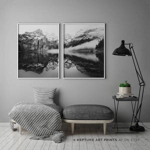 Reflection Mountain Print, Black and White Wilderness Printable, 2 Piece, Set of Two, Landscape, Nature, Home Decor, Modern Wall Art Poster image 3