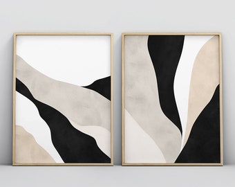 Black White Wall Art, Bedroom Wall Art, Living room Art, Dining Room Art, Beige Wall Art, Set of 2 Piece Modern Abstract Minimalist Wall Art