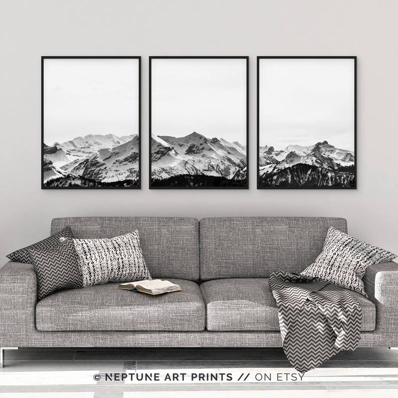 Mountain Art Print, Black White Wall Art, Set of 3 Prints, Mountain Poster, 3 Piece Wall Art, Landscape Prints, Snow Mountain Art, Nature image 3