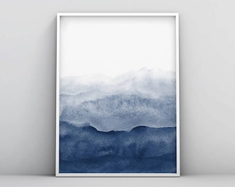 Watercolor Print, Indigo Wall Art, Watercolour Printable, Abstract Painting, Modern Minimalist, Navy Blue Decor, Dark Blue, Large Wall Art