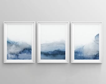 Set of 3 Blue Gray Wall Art, Printable Abstract Art, Blue Grey Watercolor Print, Blue Watercolor, Neutral Art, Simple, Modern 3 Piece Art