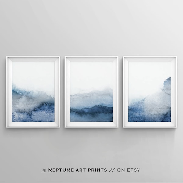 Set of 3 Blue Gray Wall Art, Printable Abstract Art, Blue Grey Watercolor Print, Blue Watercolor, Neutral Art, Simple, Modern 3 Piece Art