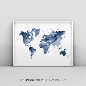 Blaue Weltkarte druckbare, Indigo Karte Druck, Marine Karte Poster, abstrakte Weltkarte Wandkunst, Marine blau Aquarell, Weltkarte Drucken digitale Kunst