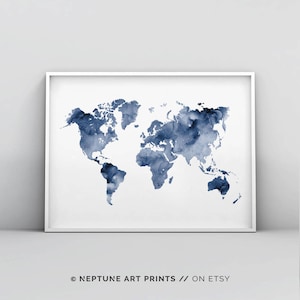 Blue World Map Printable, Indigo Map Print, Navy Map Poster, Abstract World Map Wall Art, Navy Blue Watercolour, World Map Print Digital Art image 1