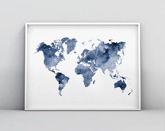 Blue World Map Printable, Indigo Map Print, Navy Map Poster, Abstract World Map Wall Art, Navy Blue Watercolour, World Map Print Digital Art