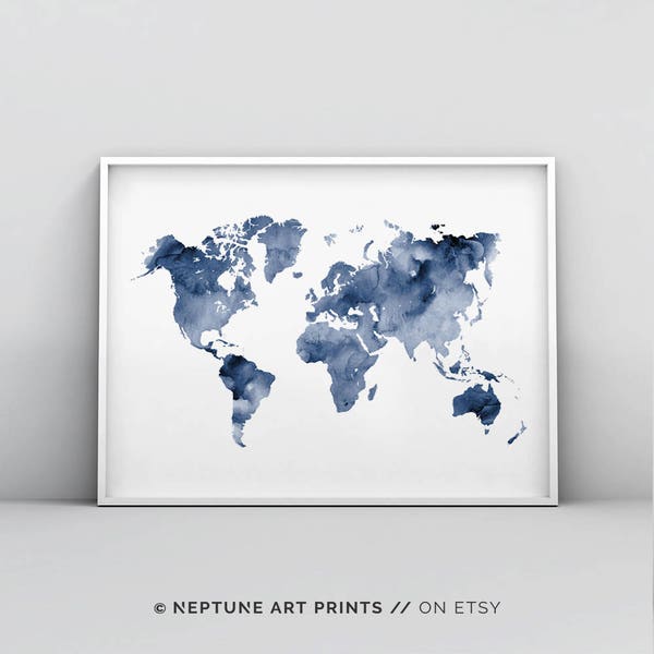 Blue World Map Printable, Indigo Map Print, Navy Map Poster, Abstract World Map Wall Art, Navy Blue Watercolour, World Map Print Digital Art