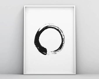 Contemporary Art, Brush Stroke Circle Print, Black White Abstract Wall Art, Scandinavian, Printable Modern Minimal Ink Painting, Home Decor