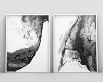 2 Piece Abstract Black and White Marble Fluid Painting Wall Art Poster Printable, Set of 2 Marble Agate Contemporary Large Home Decor 24x36