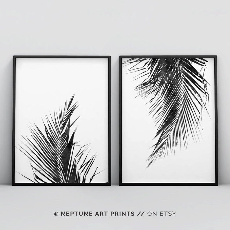 May include: Two black and white framed prints of palm leaves. The prints are on a white background and the leaves are in a minimalist style.