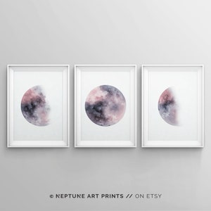 Pink Blush Moon Phase Print Set of 3 Watercolour Prints Celestial Bedroom Wall Decor Wall Art Luna Pink Grey Navy Blue Indigo Lunar Phases