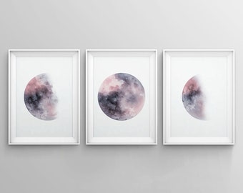 Moon Phase Print Set of 3 Watercolor Prints Celestial Bedroom Wall ...