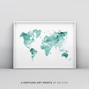 Petrol Weltkarte Poster, Mint grün Karte Drucken, Petrol Karte druckbare, abstrakte Weltkarte Wandkunst, Petrol Aquarell, Weltkarte Drucken Home Decor