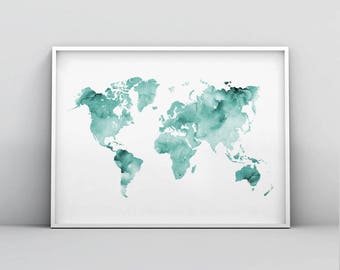 Affiche de carte du monde de sarcelle, impression verte de carte de menthe, imprimable de carte de sarcelle, art abstrait de mur de carte du monde, aquarelle de sarcelle, décor à la maison d’impression de carte du monde