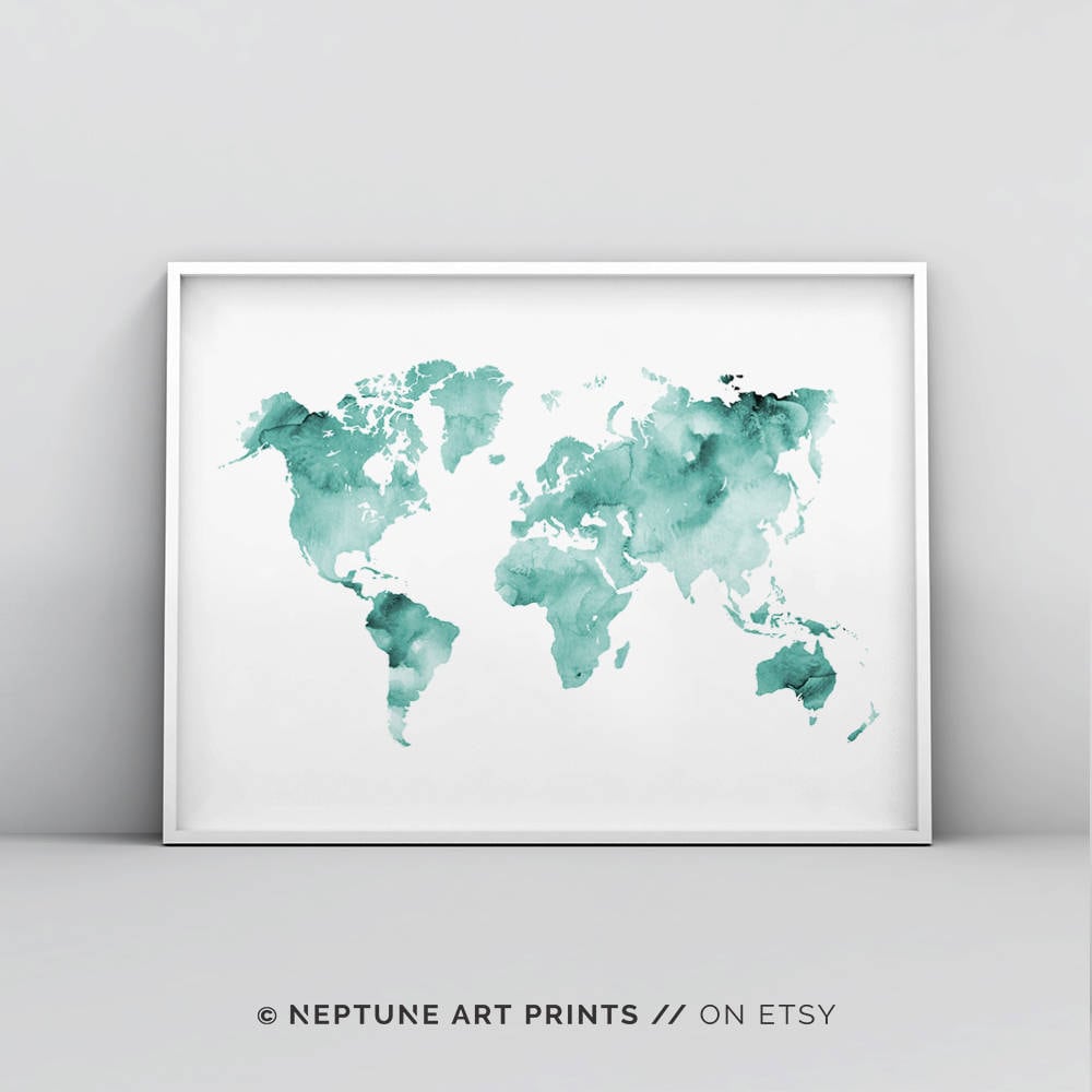 Art & Collectibles Blue Map Print Turquoise Watercolor World Map