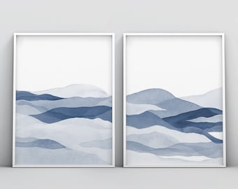 Set med 2 delar blå väggkonst, abstrakt marinblå målning, väggkonsttryck, omedelbar digital nedladdning, minimalistisk affisch utskrivbar konstdekor