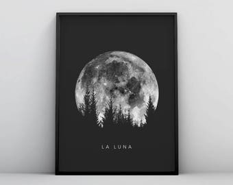 Lunar Moon Print, Full Moon Poster Art, Digital Download La Luna Moon Poster, Vintage Luna Print, Solar System Art, Celestial Dorm Room Art