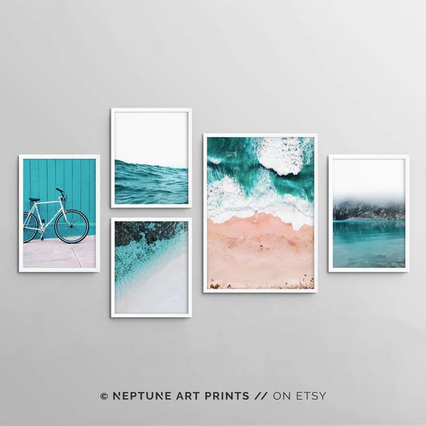 Coastal Print Set, Teal Poster Set, Gallery Wall Art Bundle, Blue Green, Art Print Bundle, Beach Landscape, Bike, Ocean, Set of 5 Digital