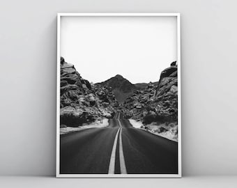 Photographie noire et blanche, Open Road Print, Scandinavian Print, Nordic Poster, Minimalist Wall Art, Digital Download, Home Decor, Mountain