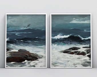 Ocean Painting, Vintage Wall Art, Large Wall Art, Beach Wall Art, Vintage Painting, Printable Wall Art, 2 Piece Art Set, Coastal Wall Art