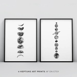 Moon Phases Solar System Minimalistic Black and White Wall Art Poster Print, Phases of the Moon, La Luna, Celestial Space Planets Wall Art image 2