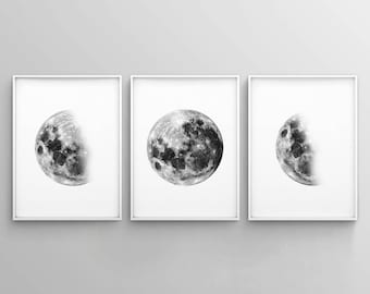 Set of 3 Moon Prints, Minimalist Moon Art, Black and White Moon Phases, Modern, Poster, Wall Art, Printable, Digital Download, Home Decor