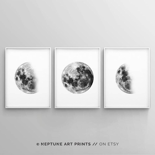 Modern Black White Moon Phases Wall Art Set of 3