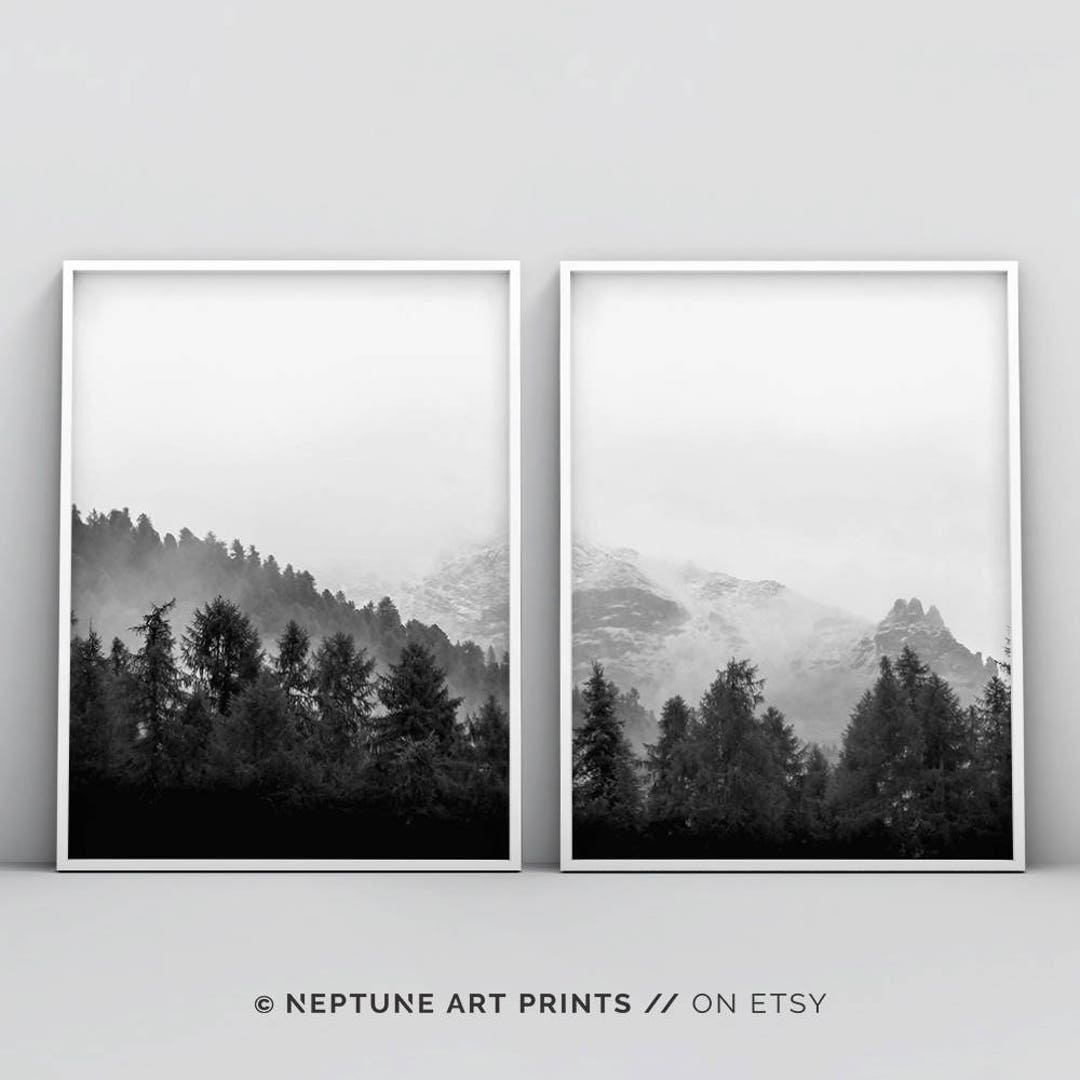 2 Piece Black and White Woodland Printable, 2 Piece Forest Print ...