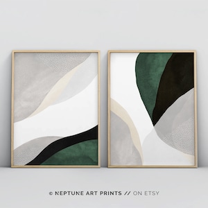 Dark Green Wall Art, 2 Piece Art Prints, Abstract Poster Set, Bedroom Wall Art, Dining Room Art, Dark Sage Green, Minimalist Contemporary