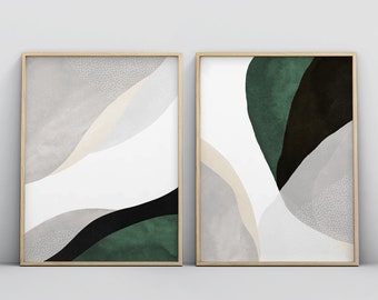 Dark Green Wall Art, 2 Piece Art Prints, Abstract Poster Set, Bedroom Wall Art, Dining Room Art, Dark Sage Green, Minimalist Contemporary