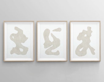 Arte abstracto de la pared, Arte de la pared de 3 pedazos, Arte digital, Arte minimalista de la pared, Arte de la pared beige, Tono moderno de la tierra Sistema grande de 3 Arte de la pared de la sala de estar