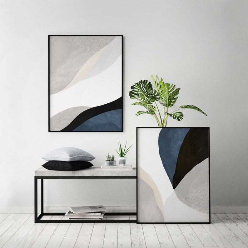 Navy Blue Wall Art 2 Piece Art Prints Abstract Wall Art Etsy