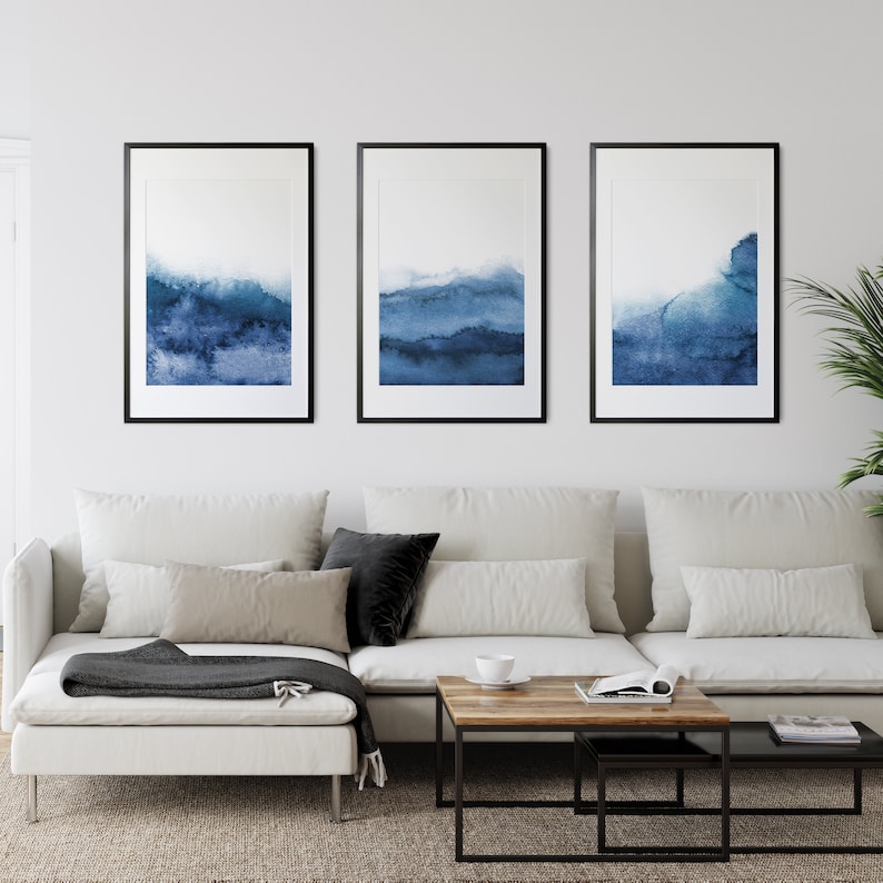 Set of 3 Navy Blue Wall Art, Minimalist Print, Blue Abstract Art ...