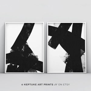 2 Piece Black and White Abstract Minimalistic Modern Large Brush Stroke Wall Art Poster Print, Set of 2 Scandinavian Contemporary Wall Art